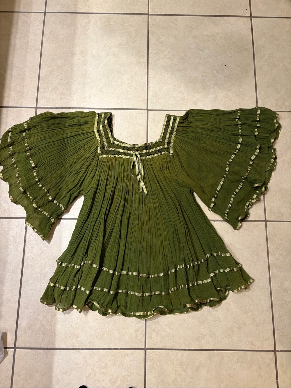 Olive Green Peasant Dress with Ribbon Trim